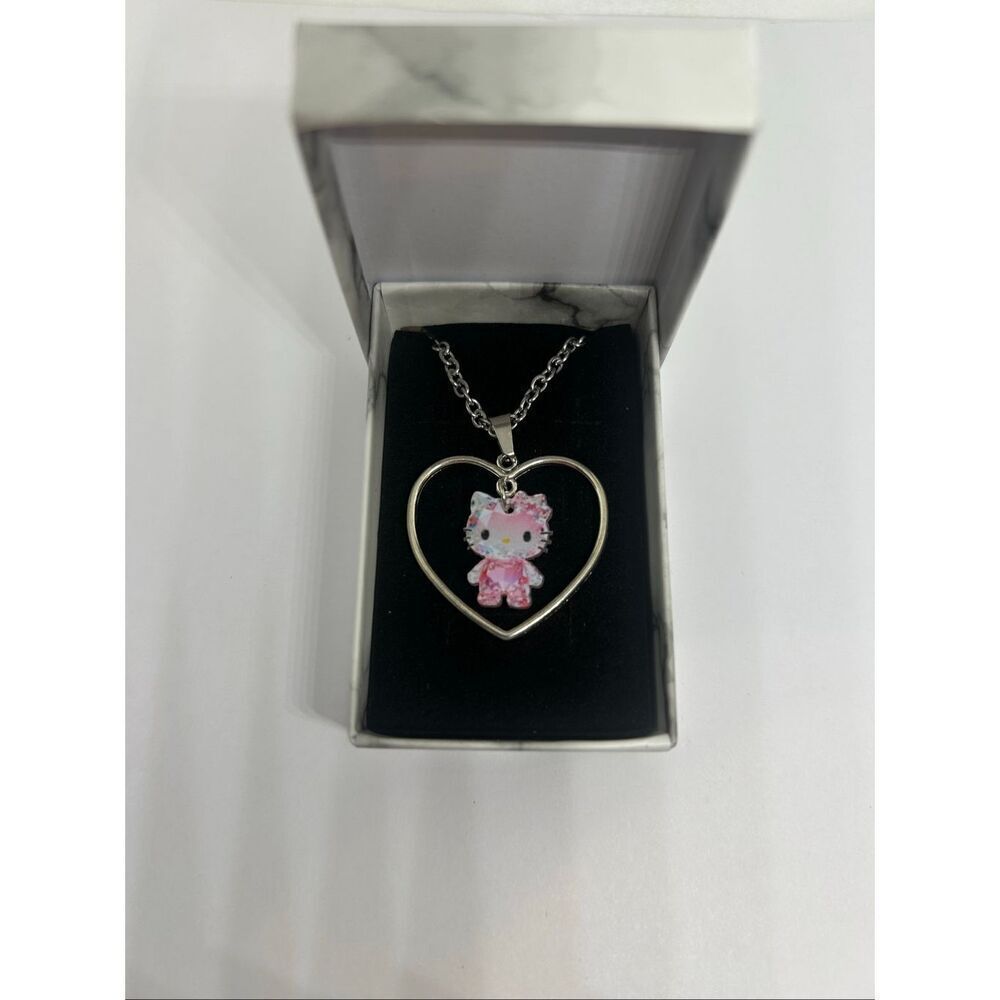 Hello Kitty Heart Pendant Necklace Cute Pink Charm Silver Tone